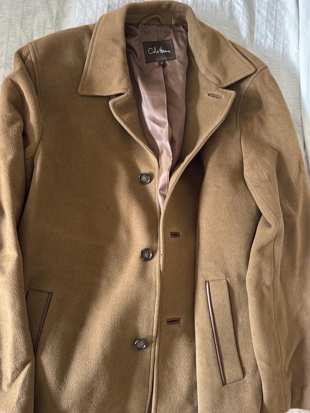Cole Haan Camel Brown Wool Blend Pea Coat